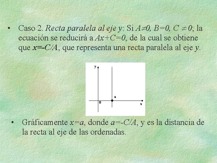 • Caso 2. Recta paralela al eje y: Si A 0, B=0, C • Caso 2. Recta paralela al eje y: Si A 0, B=0, C