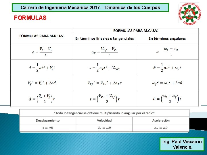 Carrera de Ingeniería Mecánica 2017 – Dinámica de los Cuerpos FORMULAS Ing. Paúl Viscaino