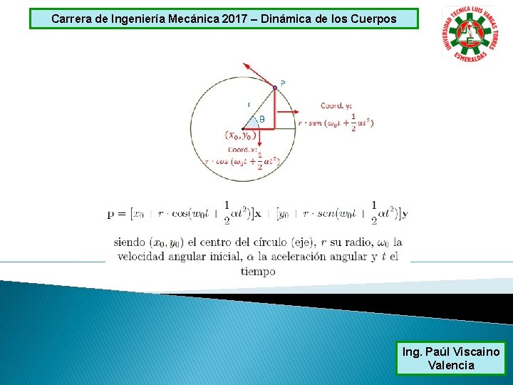 Carrera de Ingeniería Mecánica 2017 – Dinámica de los Cuerpos Ing. Paúl Viscaino Valencia