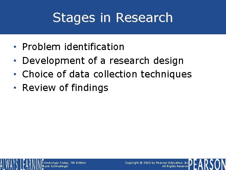 Stages in Research • • Problem identification Development of a research design Choice of