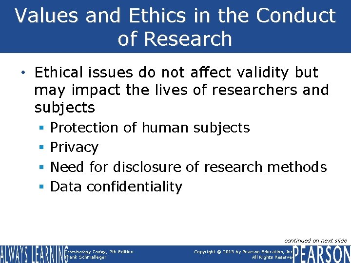 Values and Ethics in the Conduct of Research • Ethical issues do not affect
