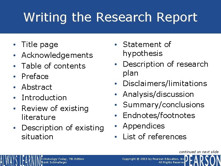 Writing the Research Report Title page Acknowledgements Table of contents Preface Abstract Introduction Review
