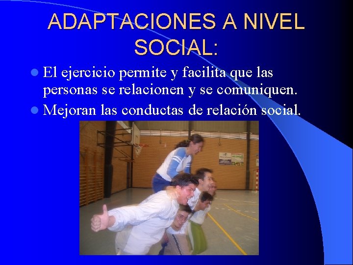 ADAPTACIONES A NIVEL SOCIAL: l El ejercicio permite y facilita que las personas se