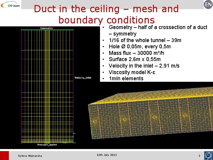 Duct in the ceiling – mesh and boundary conditions • Geometry – half of