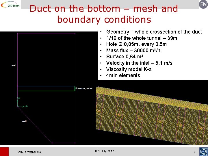 Duct on the bottom – mesh and boundary conditions • • Sylwia Wojnarska Geometry