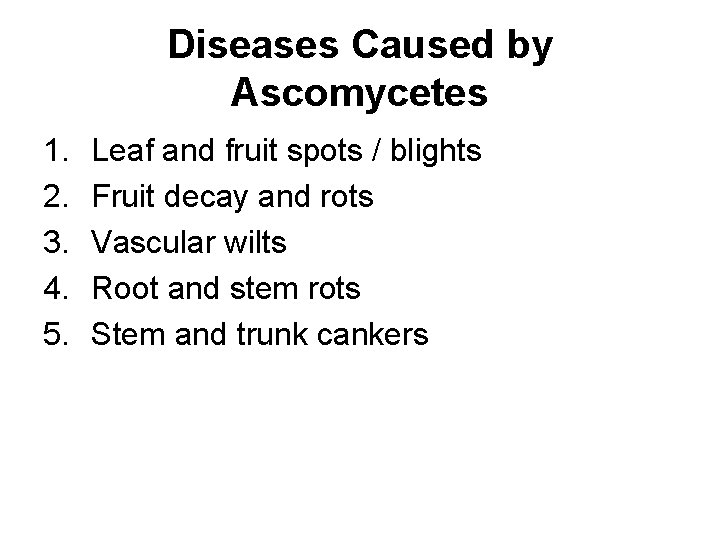 Diseases Caused by Ascomycetes 1. 2. 3. 4. 5. Leaf and fruit spots /