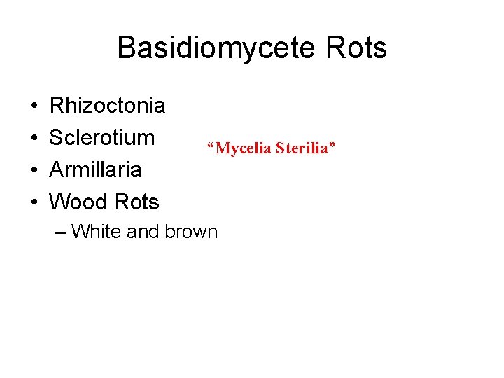 Basidiomycete Rots • • Rhizoctonia Sclerotium Armillaria Wood Rots “Mycelia Sterilia” – White and