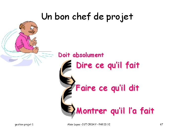 Un bon chef de projet Doit absolument Dire ce qu’il fait Faire ce qu’il
