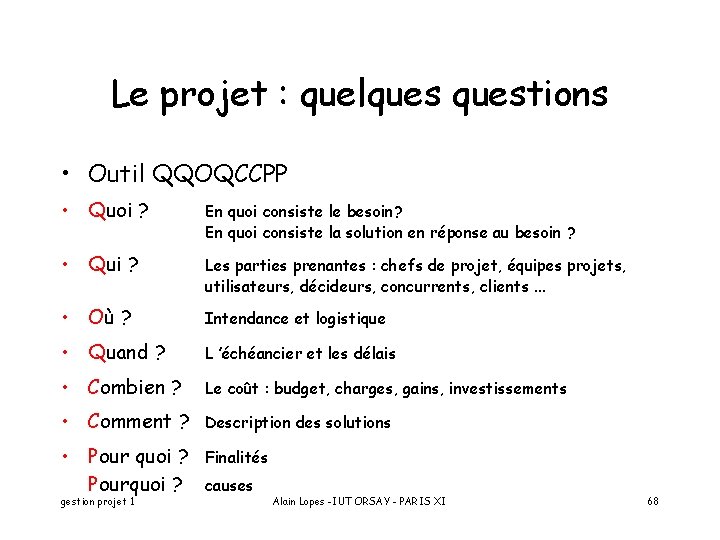 Le projet : quelquestions • Outil QQOQCCPP • Quoi ? En quoi consiste le