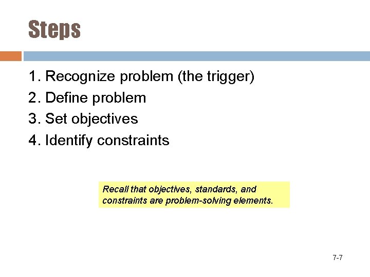 Steps 1. Recognize problem (the trigger) 2. Define problem 3. Set objectives 4. Identify