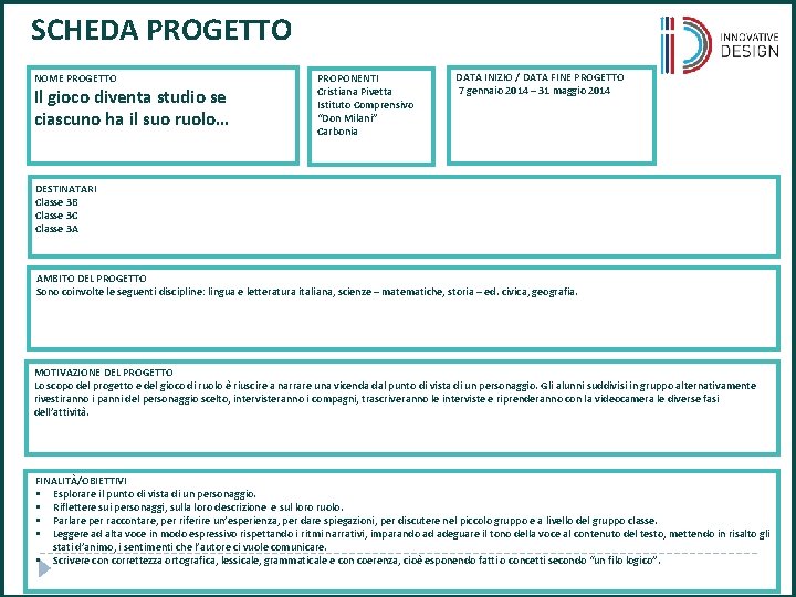 SCHEDA PROGETTO NOME PROGETTO Il gioco diventa studio se ciascuno ha il suo ruolo…