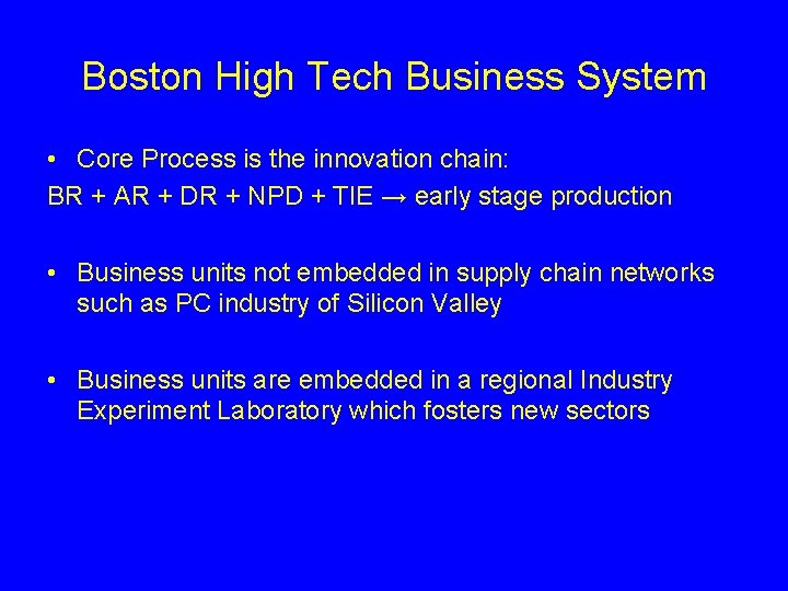 Boston High Tech Business System • Core Process is the innovation chain: BR +