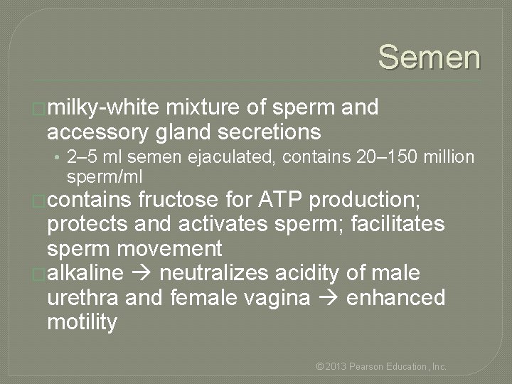 Semen �milky-white mixture of sperm and accessory gland secretions • 2– 5 ml semen