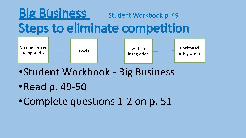 Big Business Student Workbook p. 49 Steps to eliminate competition Slashed prices temporarily Pools