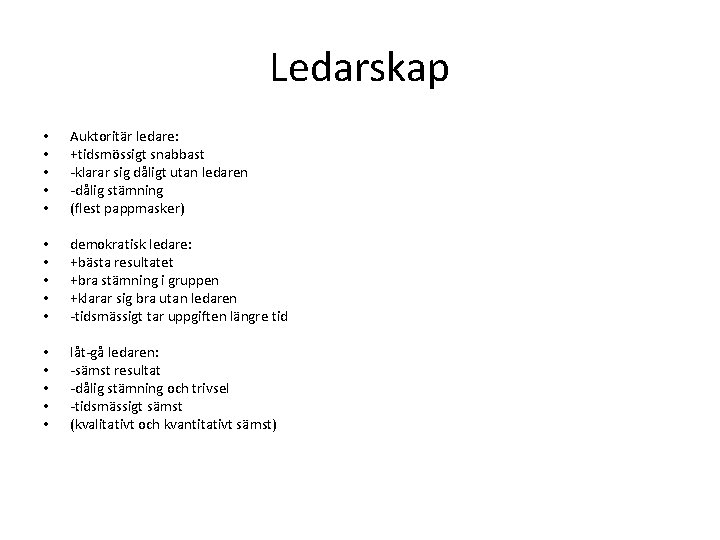 Ledarskap • • • Auktoritär ledare: +tidsmössigt snabbast -klarar sig dåligt utan ledaren -dålig