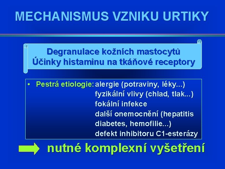 MECHANISMUS VZNIKU URTIKY Degranulace kožních mastocytů Účinky histaminu na tkáňové receptory • Pestrá etiologie: MECHANISMUS VZNIKU URTIKY Degranulace kožních mastocytů Účinky histaminu na tkáňové receptory • Pestrá etiologie: