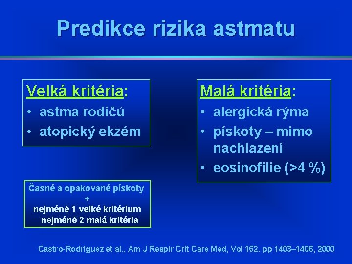 Predikce rizika astmatu Velká kritéria: Malá kritéria: • astma rodičů • atopický ekzém • Predikce rizika astmatu Velká kritéria: Malá kritéria: • astma rodičů • atopický ekzém •
