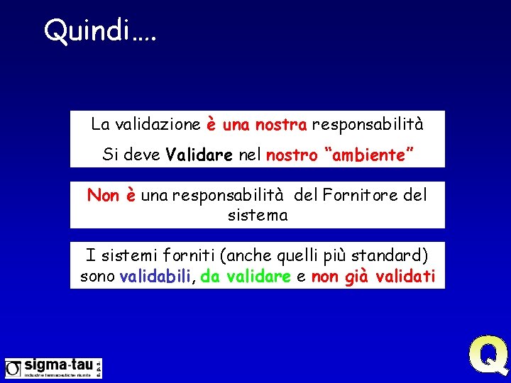 Quindi…. La validazione è una nostra responsabilità Si deve Validare nel nostro “ambiente” Non