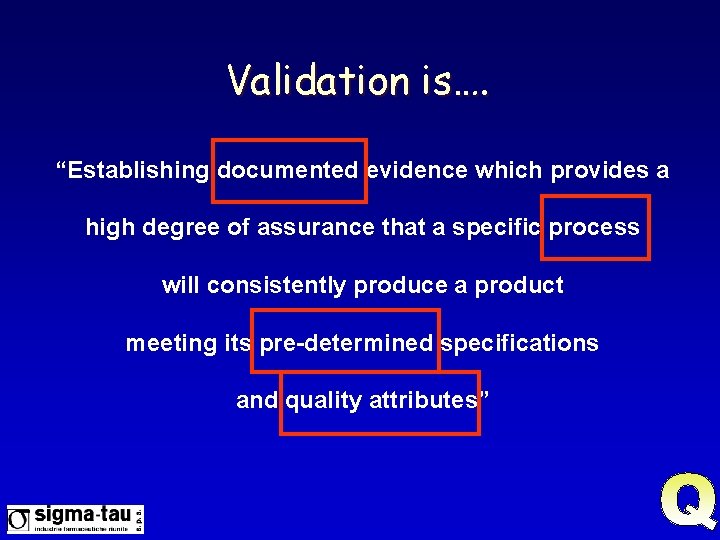Validation is…. “Establishing documented evidence which provides a high degree of assurance that a