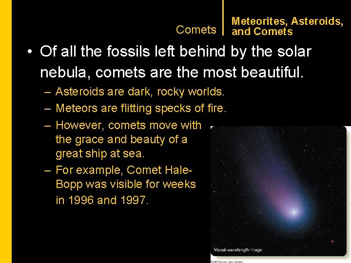 CHAPTER 1 Comets Meteorites, Asteroids, and Comets • Of all the fossils left behind