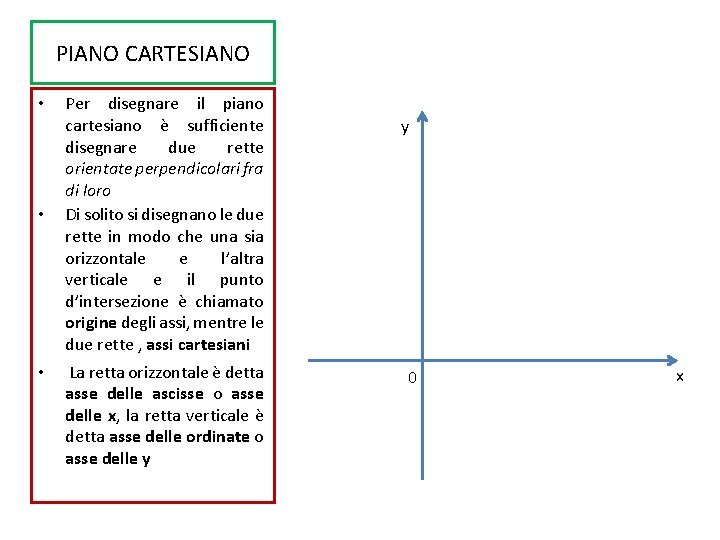 PIANO CARTESIANO • • • Per disegnare il piano cartesiano è sufficiente disegnare due