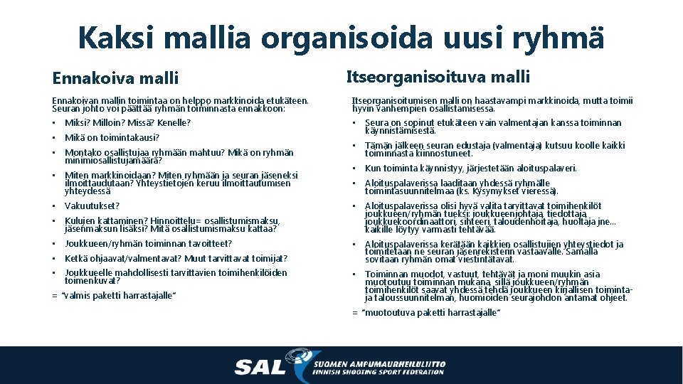 Kaksi mallia organisoida uusi ryhmä Ennakoiva malli Ennakoivan mallin toimintaa on helppo markkinoida etukäteen.