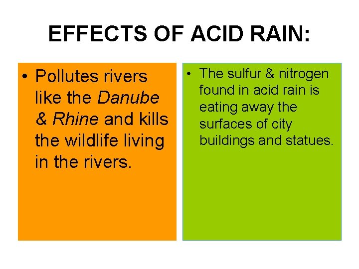 EFFECTS OF ACID RAIN: • Pollutes rivers like the Danube & Rhine and kills