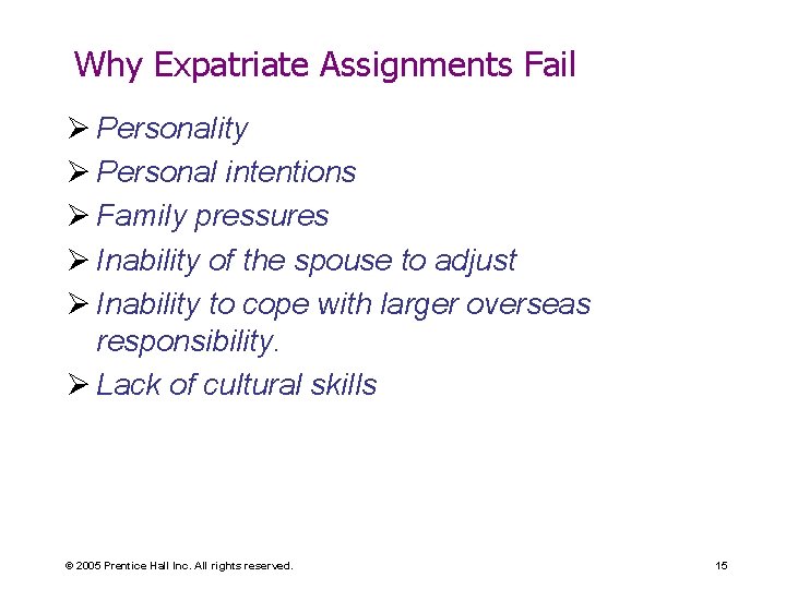 Why Expatriate Assignments Fail Ø Personality Ø Personal intentions Ø Family pressures Ø Inability