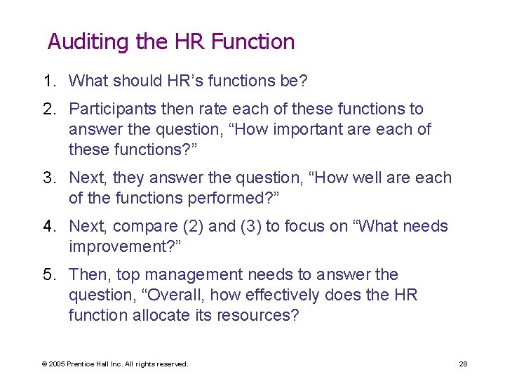 Auditing the HR Function 1. What should HR’s functions be? 2. Participants then rate