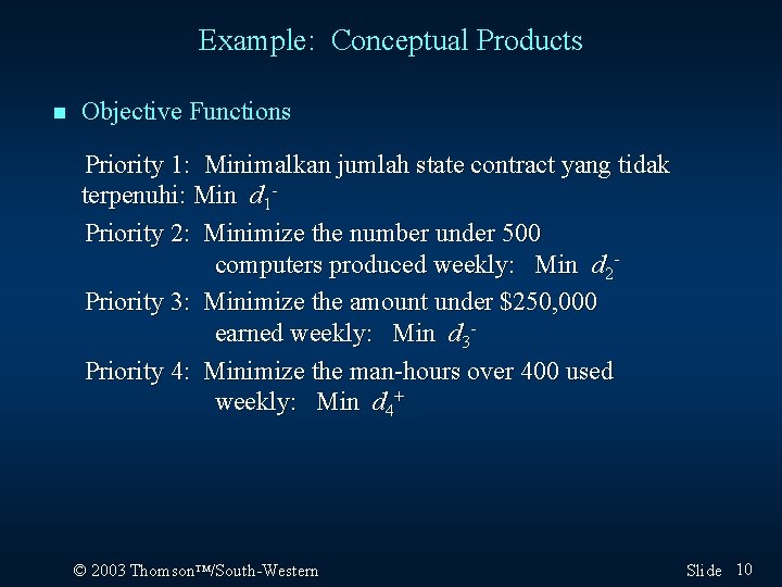 Example: Conceptual Products n Objective Functions Priority 1: Minimalkan jumlah state contract yang tidak Example: Conceptual Products n Objective Functions Priority 1: Minimalkan jumlah state contract yang tidak