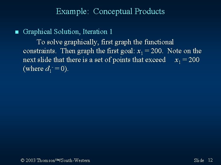 Example: Conceptual Products n Graphical Solution, Iteration 1 To solve graphically, first graph the