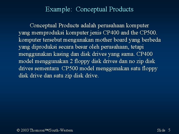 Example: Conceptual Products adalah perusahaan komputer yang memproduksi komputer jenis CP 400 and the