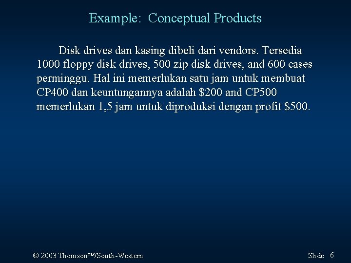 Example: Conceptual Products Disk drives dan kasing dibeli dari vendors. Tersedia 1000 floppy disk