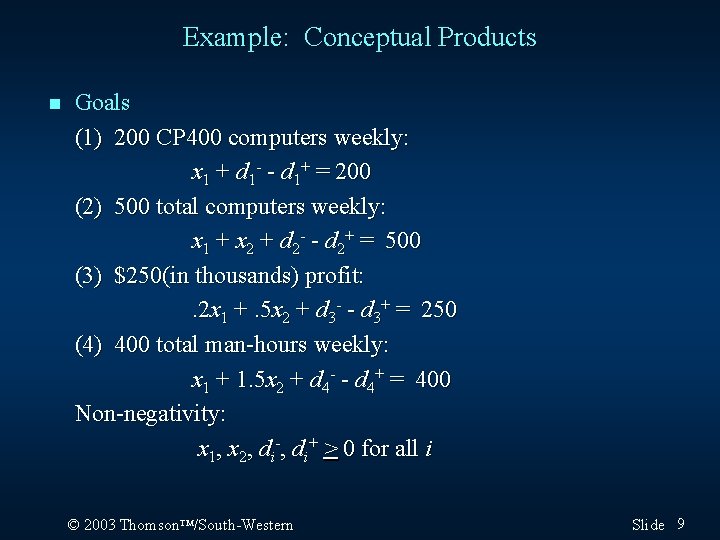 Example: Conceptual Products n Goals (1) 200 CP 400 computers weekly: x 1 +