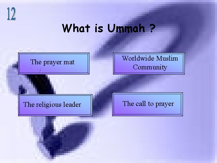 What is Ummah ? The prayer mat Worldwide Muslim Community The religious leader The