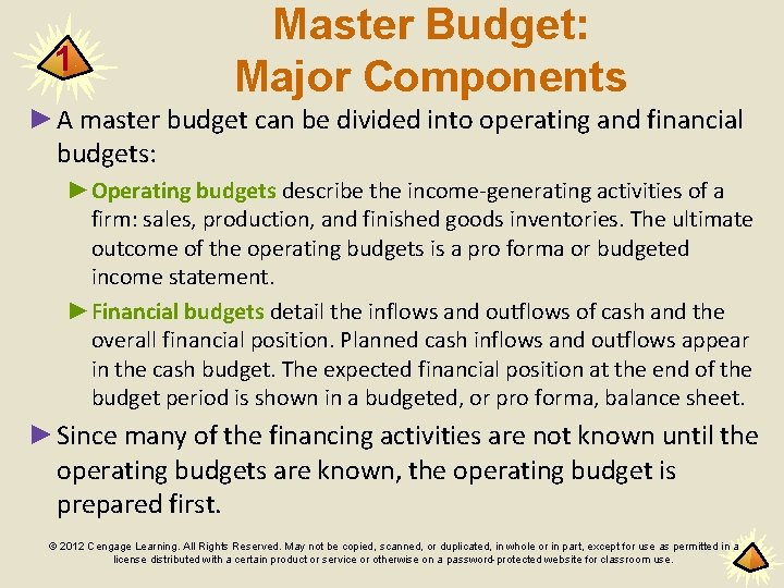 1 Master Budget: Major Components ►A master budget can be divided into operating and