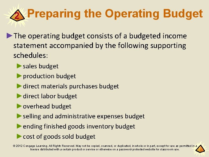 2 Preparing the Operating Budget ►The operating budget consists of a budgeted income statement
