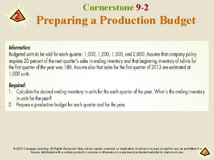 2 Cornerstone 9 -2 Preparing a Production Budget © 2012 Cengage Learning. All Rights