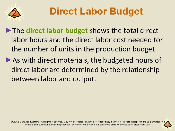 2 Direct Labor Budget ►The direct labor budget shows the total direct labor hours