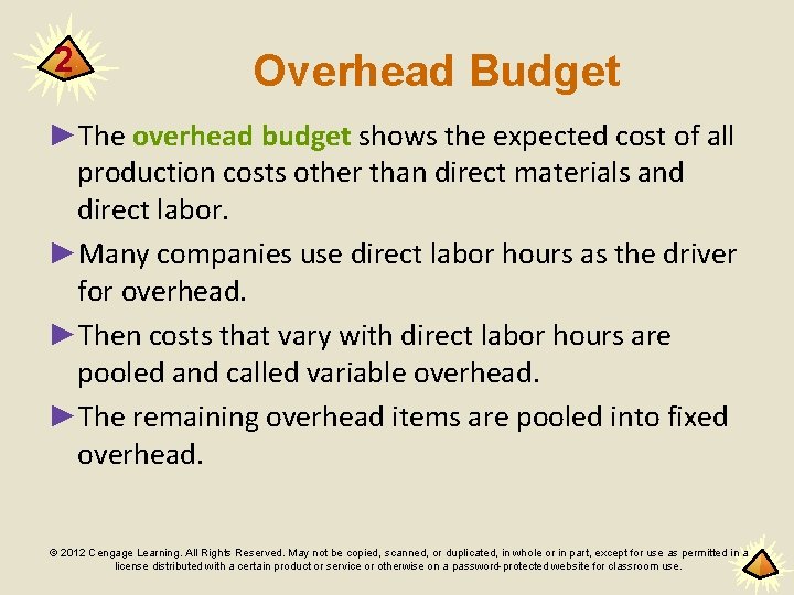 2 Overhead Budget ►The overhead budget shows the expected cost of all production costs