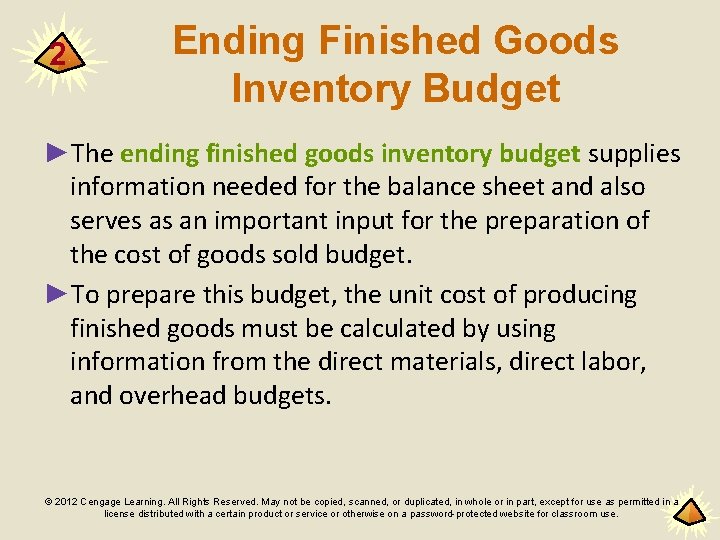 2 Ending Finished Goods Inventory Budget ►The ending finished goods inventory budget supplies information