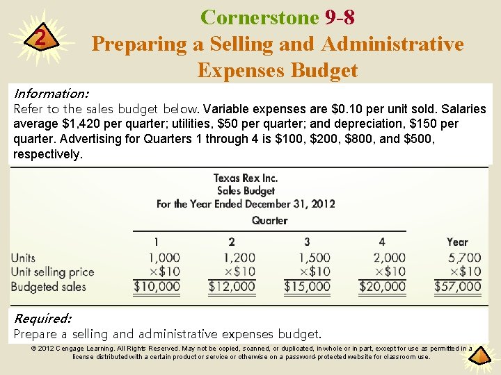 2 Cornerstone 9 -8 Preparing a Selling and Administrative Expenses Budget Information: Refer to