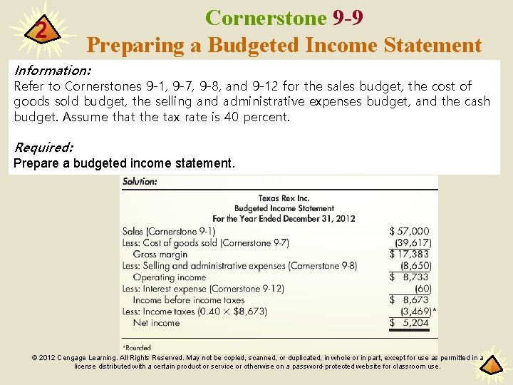 2 Cornerstone 9 -9 Preparing a Budgeted Income Statement Information: Refer to Cornerstones 9
