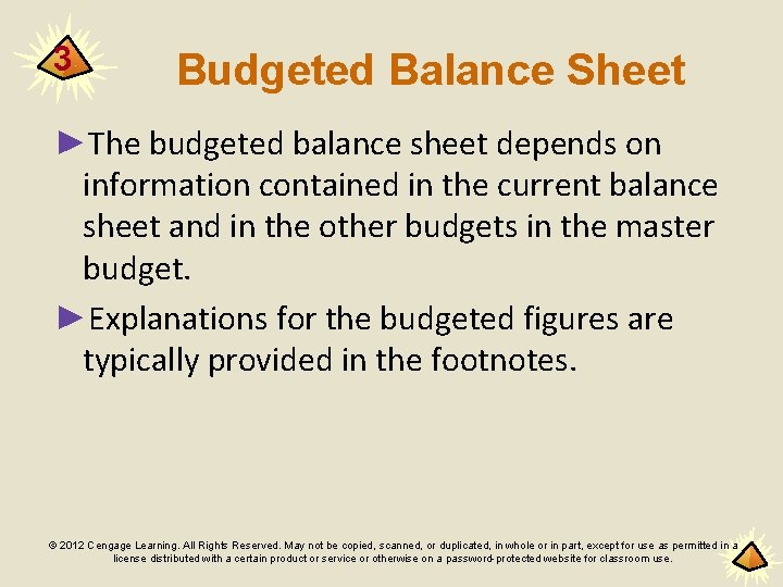 3 Budgeted Balance Sheet ►The budgeted balance sheet depends on information contained in the