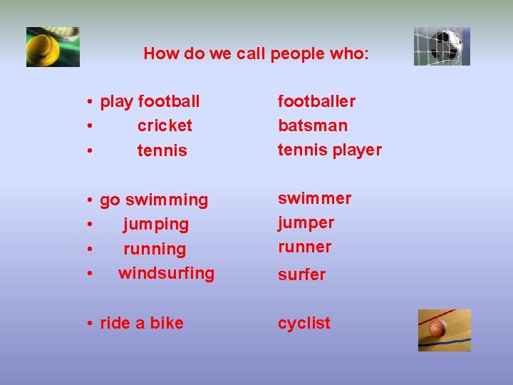 How do we call people who: • play football • cricket • tennis footballer