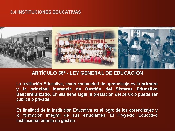 3. 4 INSTITUCIONES EDUCATIVAS ” ARTÍCULO 66º - LEY GENERAL DE EDUCACIÓN La Institución