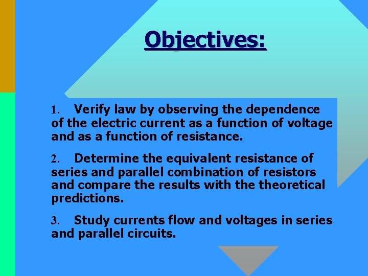 Objectives: 1. Verify law by observing the dependence of the electric current as a