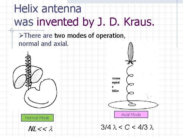 Helix antenna was invented by J. D. Kraus. ØThere are two modes of operation,