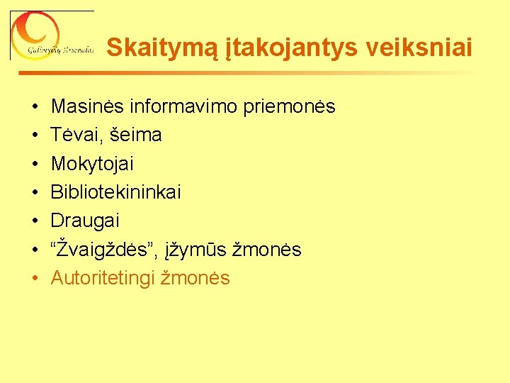 Skaitymą įtakojantys veiksniai • • Masinės informavimo priemonės Tėvai, šeima Mokytojai Bibliotekininkai Draugai “Žvaigždės”,