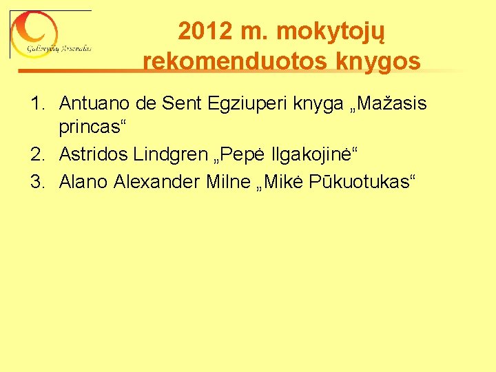 2012 m. mokytojų rekomenduotos knygos 1. Antuano de Sent Egziuperi knyga „Mažasis princas“ 2.